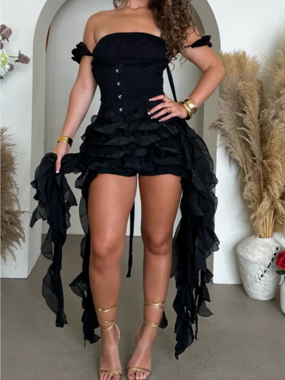 Strapless Black Ruffled High-Low Dress - Picture 3 of 4
